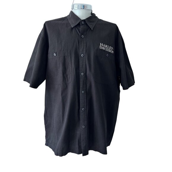 HARLEY -DAVIDSON~  Mens Black Button-Up Shirt With Embroidered Logo Short Sleeve - Picture 1 of 9
